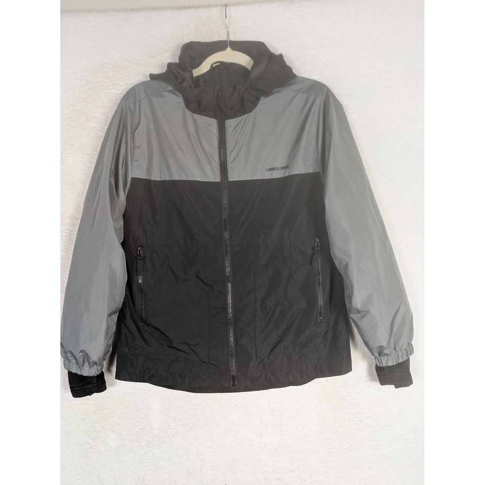 Lands' End Windbreaker Kid's M 10-12 Black Gray Colorblock Hooded Zip Jacket